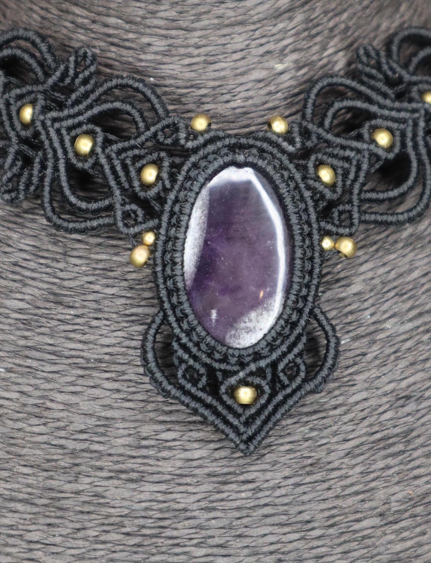 Black macrame necklace with amethyst, handcrafted necklace, healing stone, fantasy, fairies, macrame choker