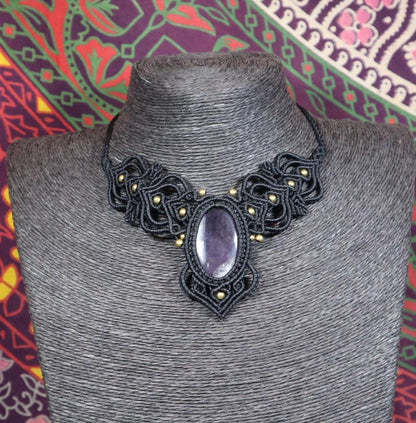 Black macrame necklace with amethyst, handcrafted necklace, healing stone, fantasy, fairies, macrame choker