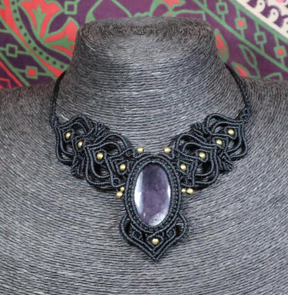 Black macrame necklace with amethyst, handcrafted necklace, healing stone, fantasy, fairies, macrame choker