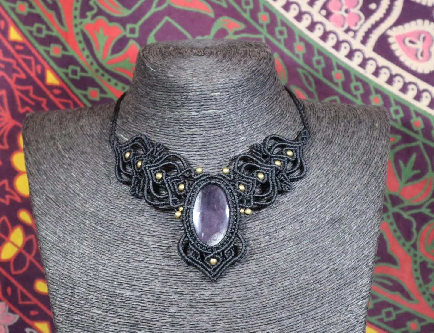 Black macrame necklace with amethyst, handcrafted necklace, healing stone, fantasy, fairies, macrame choker