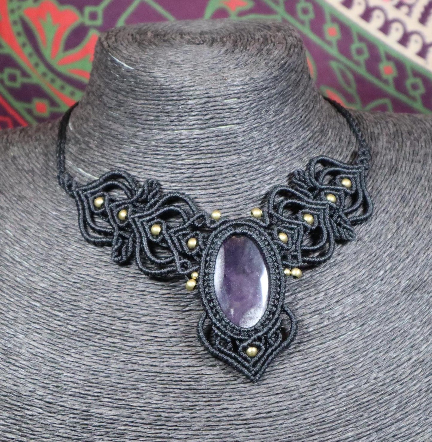 Black macrame necklace with amethyst, handcrafted necklace, healing stone, fantasy, fairies, macrame choker