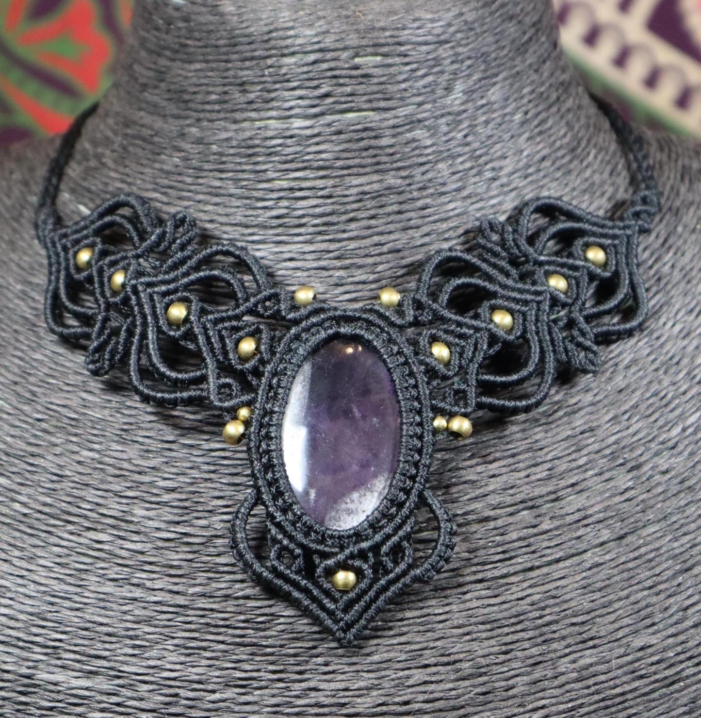 Black macrame necklace with amethyst, handcrafted necklace, healing stone, fantasy, fairies, macrame choker