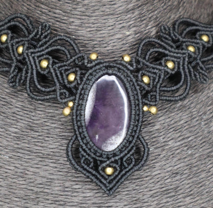 Black macrame necklace with amethyst, handcrafted necklace, healing stone, fantasy, fairies, macrame choker