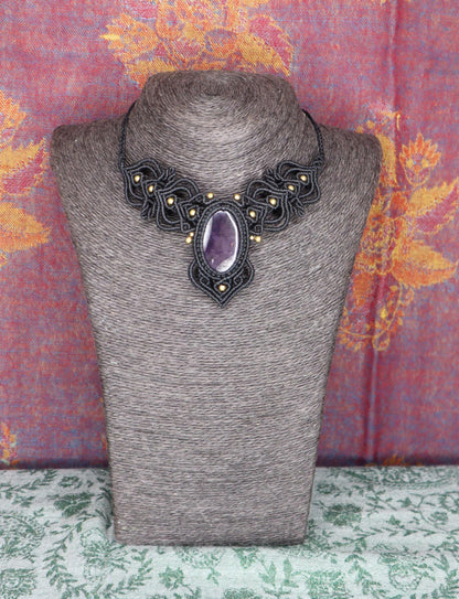 Black macrame necklace with amethyst, handcrafted necklace, healing stone, fantasy, fairies, macrame choker