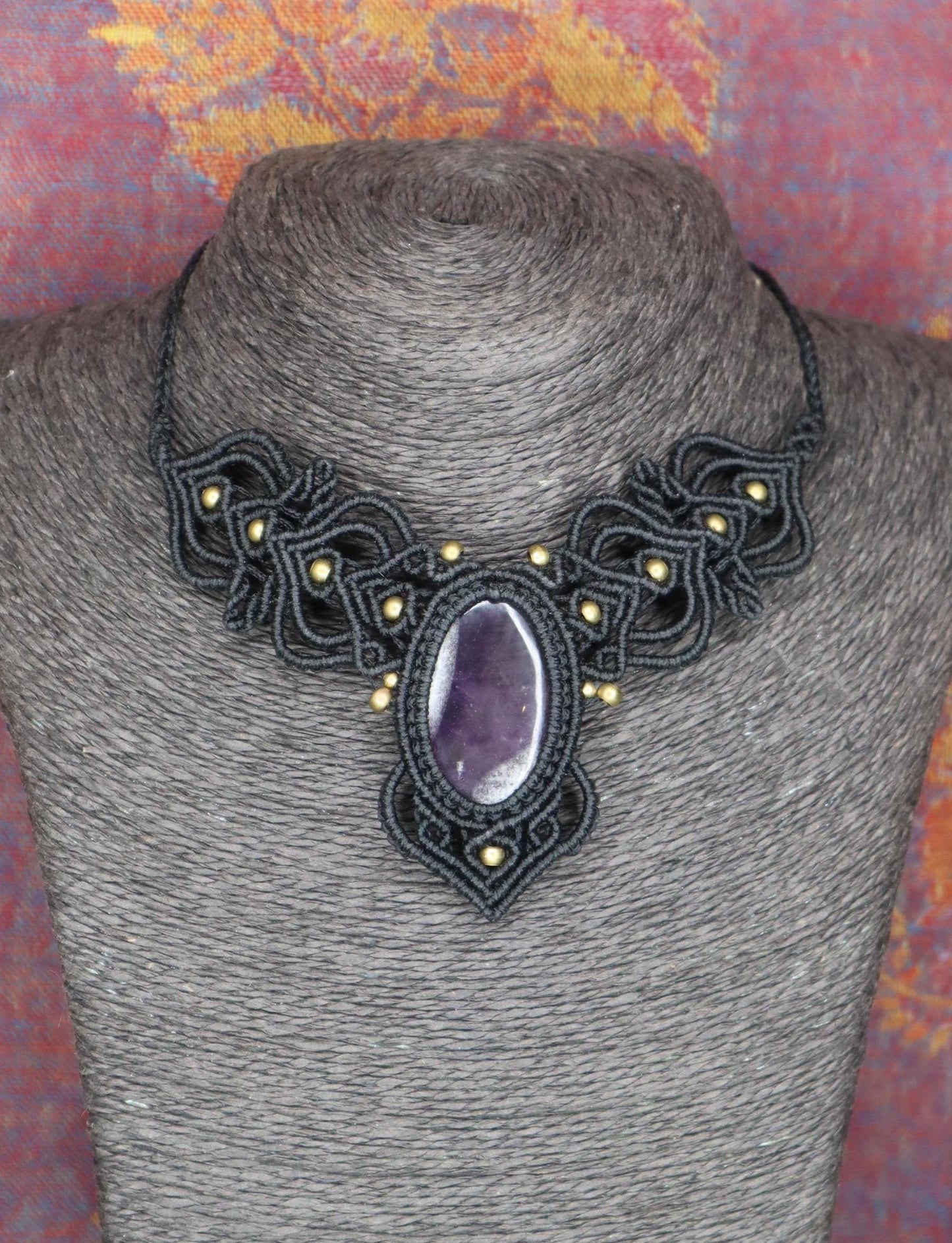 Black macrame necklace with amethyst, handcrafted necklace, healing stone, fantasy, fairies, macrame choker